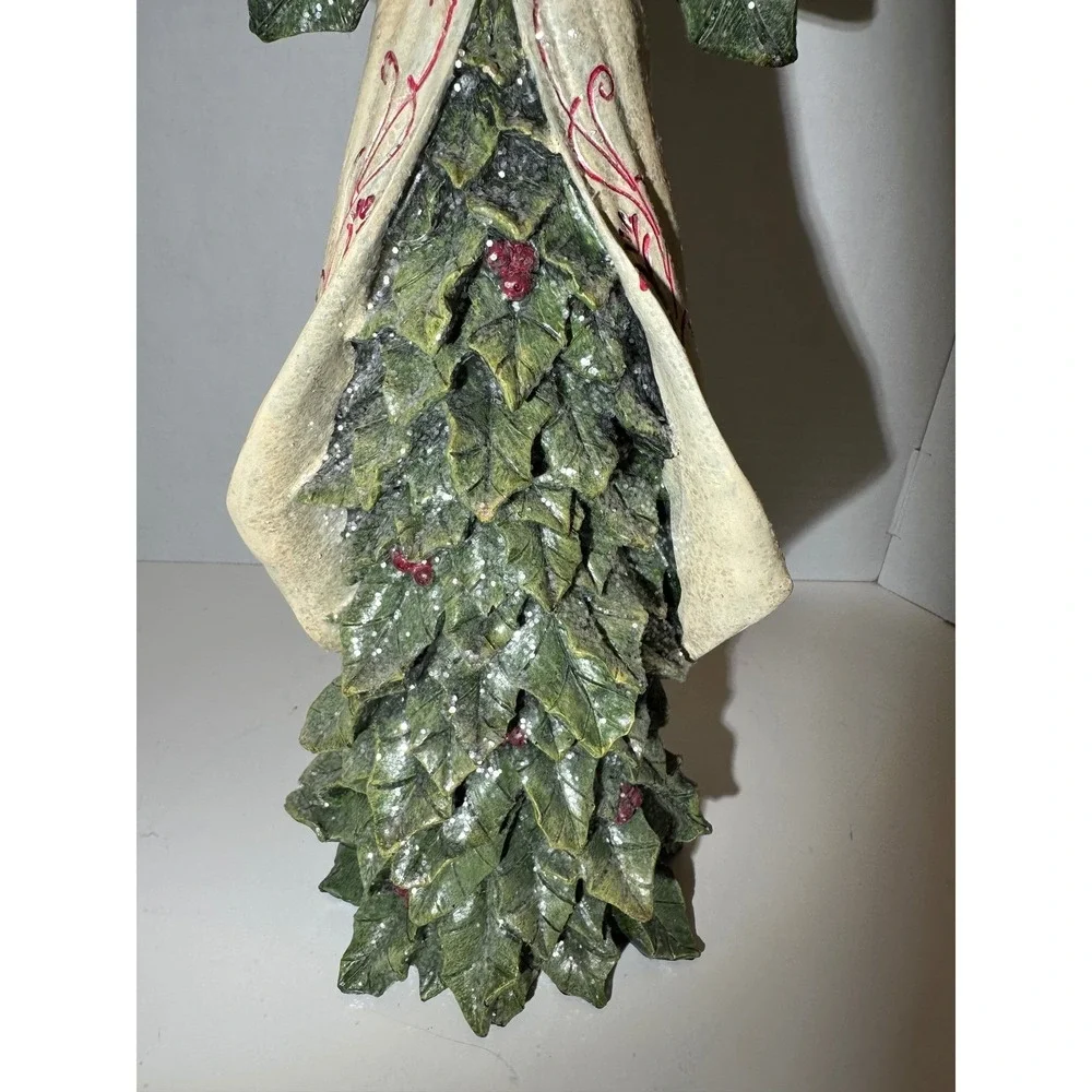 Christmas Angel Figurine Holly Wings Evergreen Tree Base Resin Holiday‎ Decor
